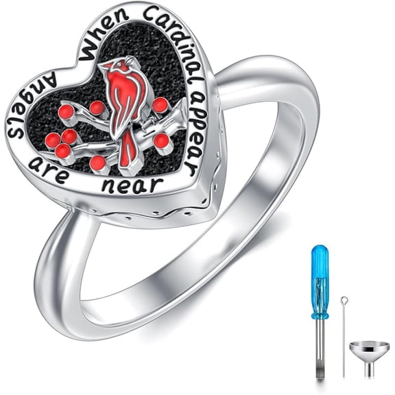 LONAGO Red Cardinal Urn Rings 925 Sterling Silver Red Bird Urn Ring Ashes Memorial Ring Keepsake Cremation Jewelry Our Love Never Dies Gifts for Women Mom Size 5-9