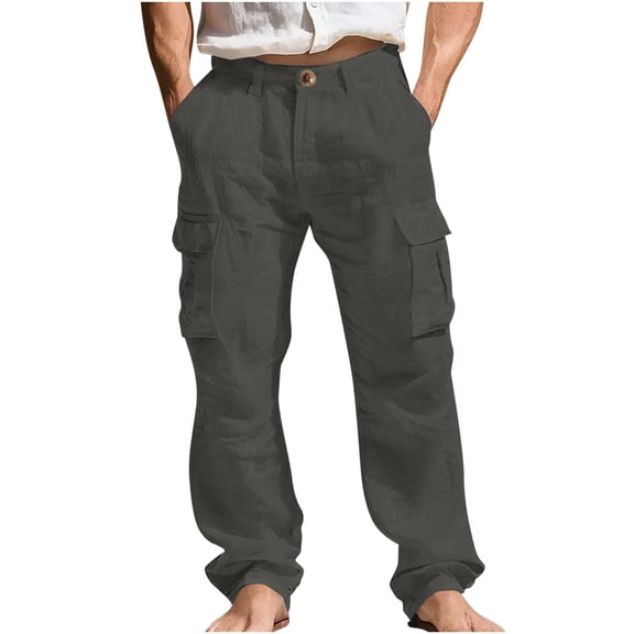 Purcolt Mens Cotton Linen Cargo Pants Summer Casual Straight Leg Beach Pants Lightweight Loose Fit Cargo Trouser with Multi Pockets for Hiking Vacation Travel