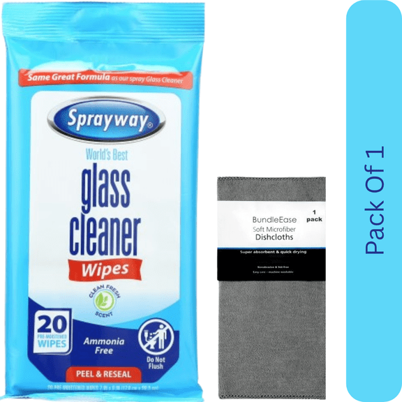 Sprayway Glass Cleaner Wipes, 20 Count Pack with Microfiber Solid Color Towel by BundleEase