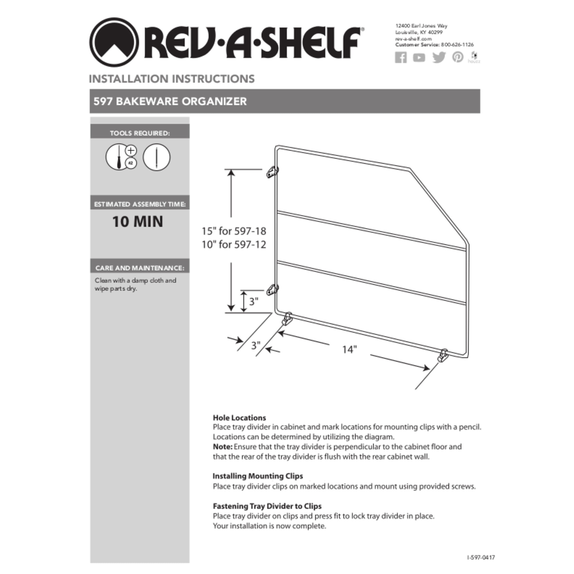 Rev-A-Shelf 597 Chrome 18H Tray Divider w/ Clips