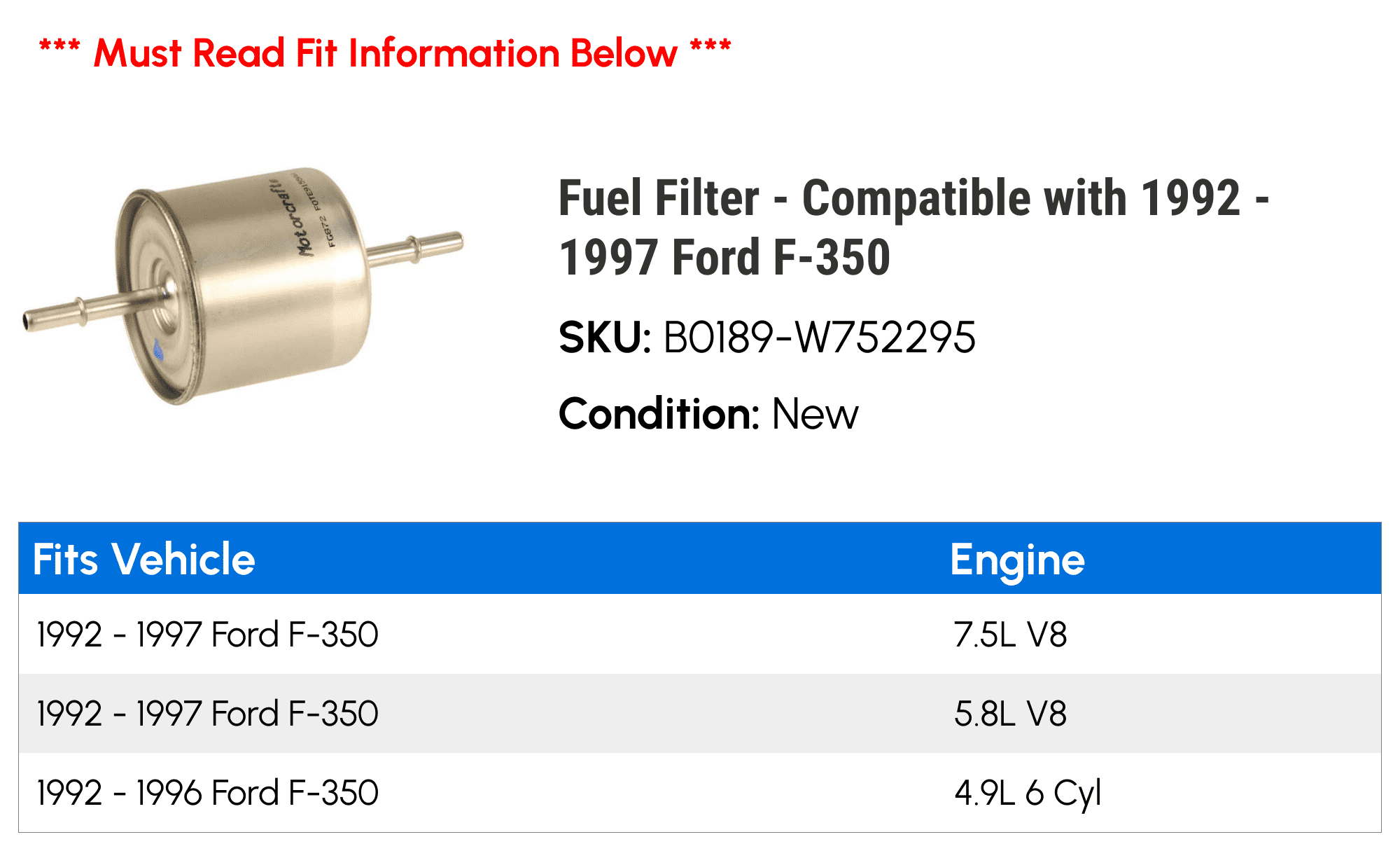 Fuel Filter - Compatible with 1992 - 1997 Ford F-350 1993 1994 1995 1996