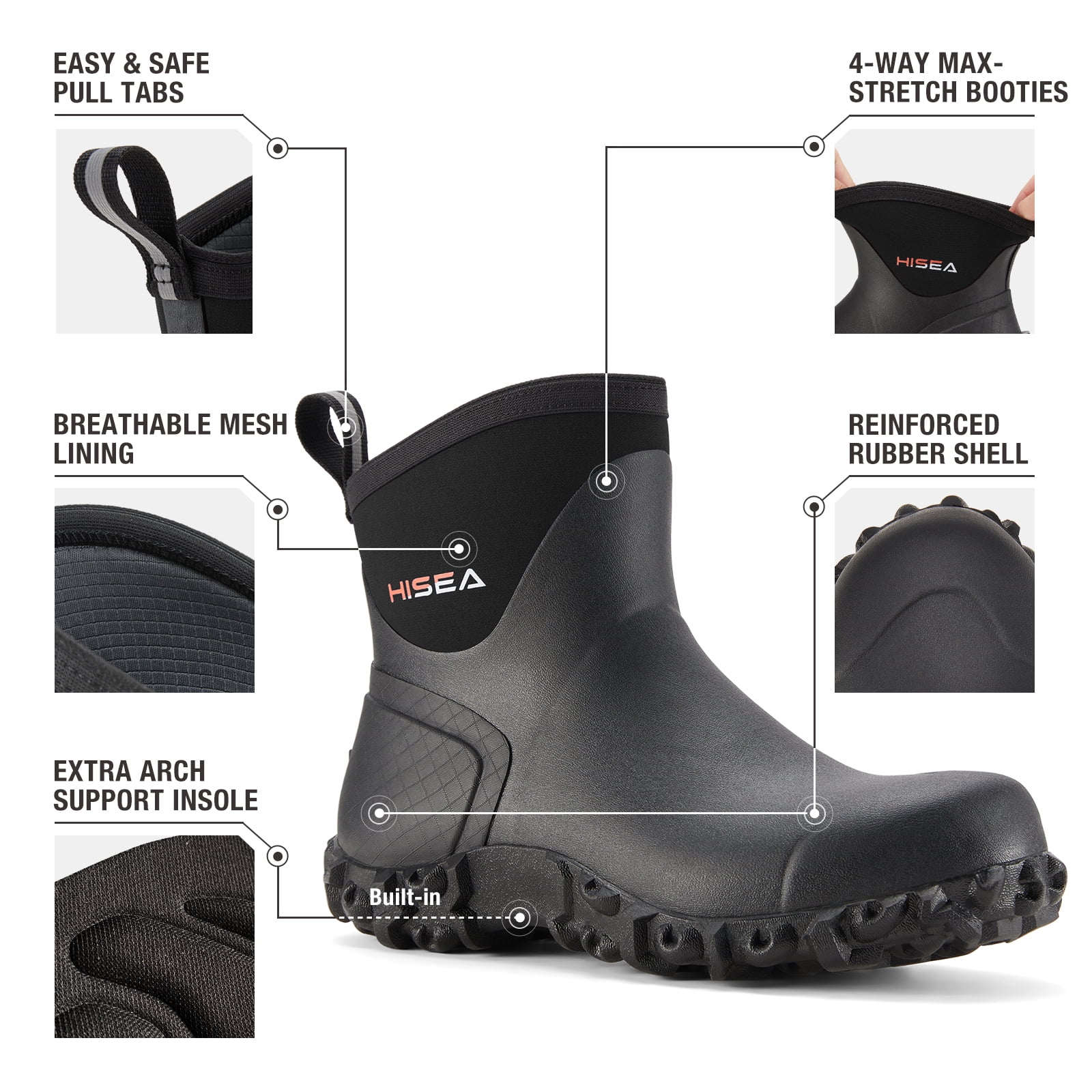 HISEA Men's Rubber Rain Boots Waterproof Outdoor Ankle Mud Boots Black US Size 10