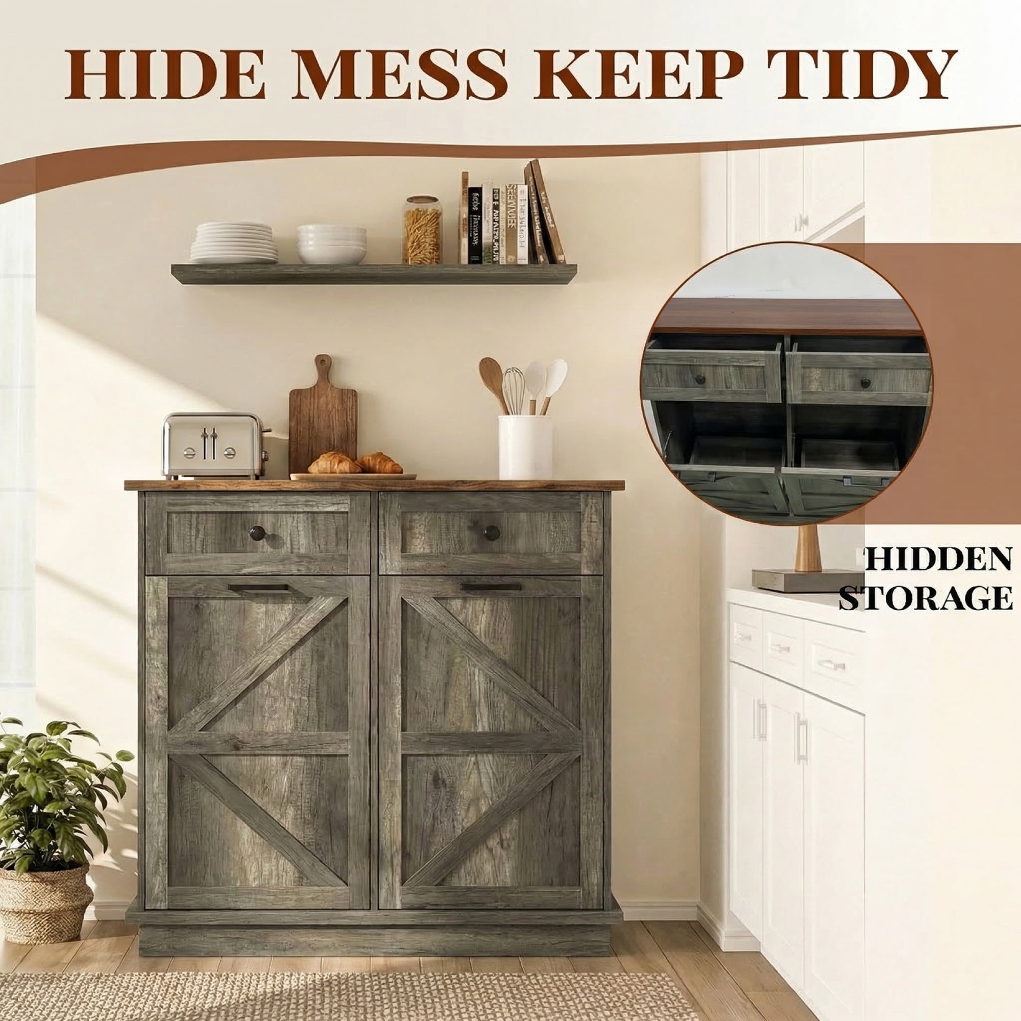 HOQBN Tilt Out Trash Can Cabinet, Farmhouse Wooden Double 10-Gallon Hidden Garbage Bin with Drawer, Dog Proof Storage Cabinet for Kitchen, Laundry and Living Room Grey+Brown