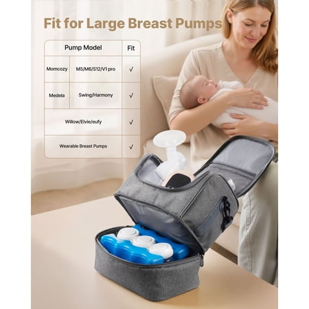 Breast Pump Bag, Breast Feeding Bag with Ice Pack, Fits for S1/S2, Pumping Accessories & Breastmilk Storage, Portable Pump Carrying Case for Work, Travel and Family Use, Grey