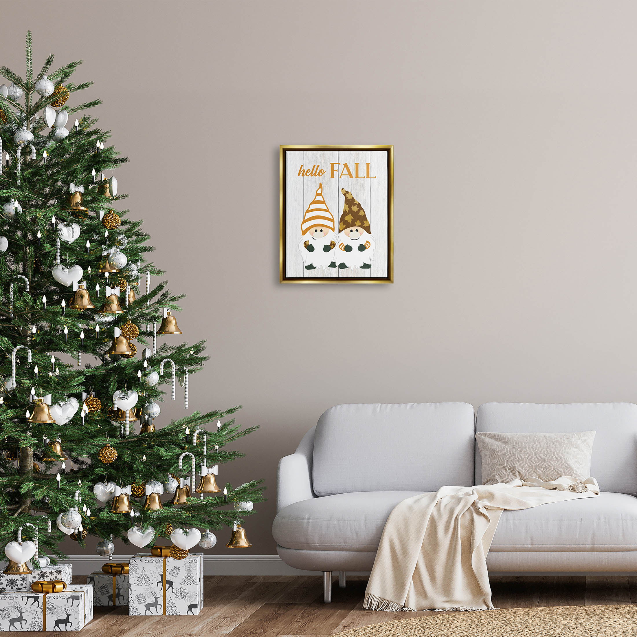 Stupell Industries Hello Fall Whimsical Gnomes Graphic Art Metallic Gold Floating Framed Canvas Print Wall Art, Design by CAD Designs