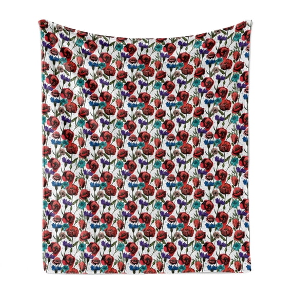 Botanical Soft Flannel Fleece Blanket, Print of Meadow Beauty Along Poppy Cornflower Lily Blooming Branches Blossom, Cozy Plush for Indoor and Outdoor Use, 50" x 70", Red and Purple, by Ambesonne