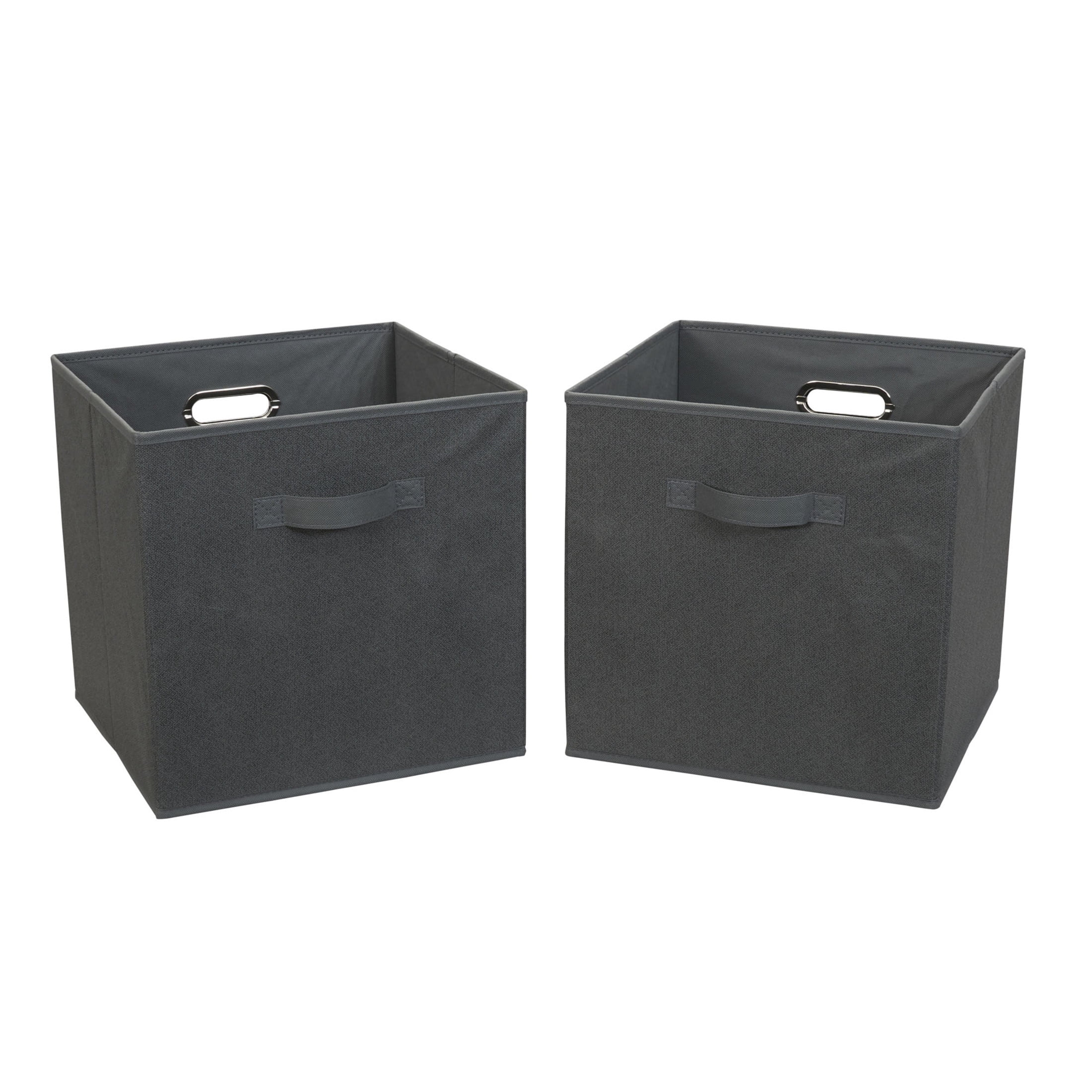 Household Essentials Fabric Storage Bins 2 Piece Set, Strong Poly-Woven Fabric, Sturdy Chipboard Sides, Grommet Front Handle, Stackable and Foldable, Classic Design, Black Cobblestone