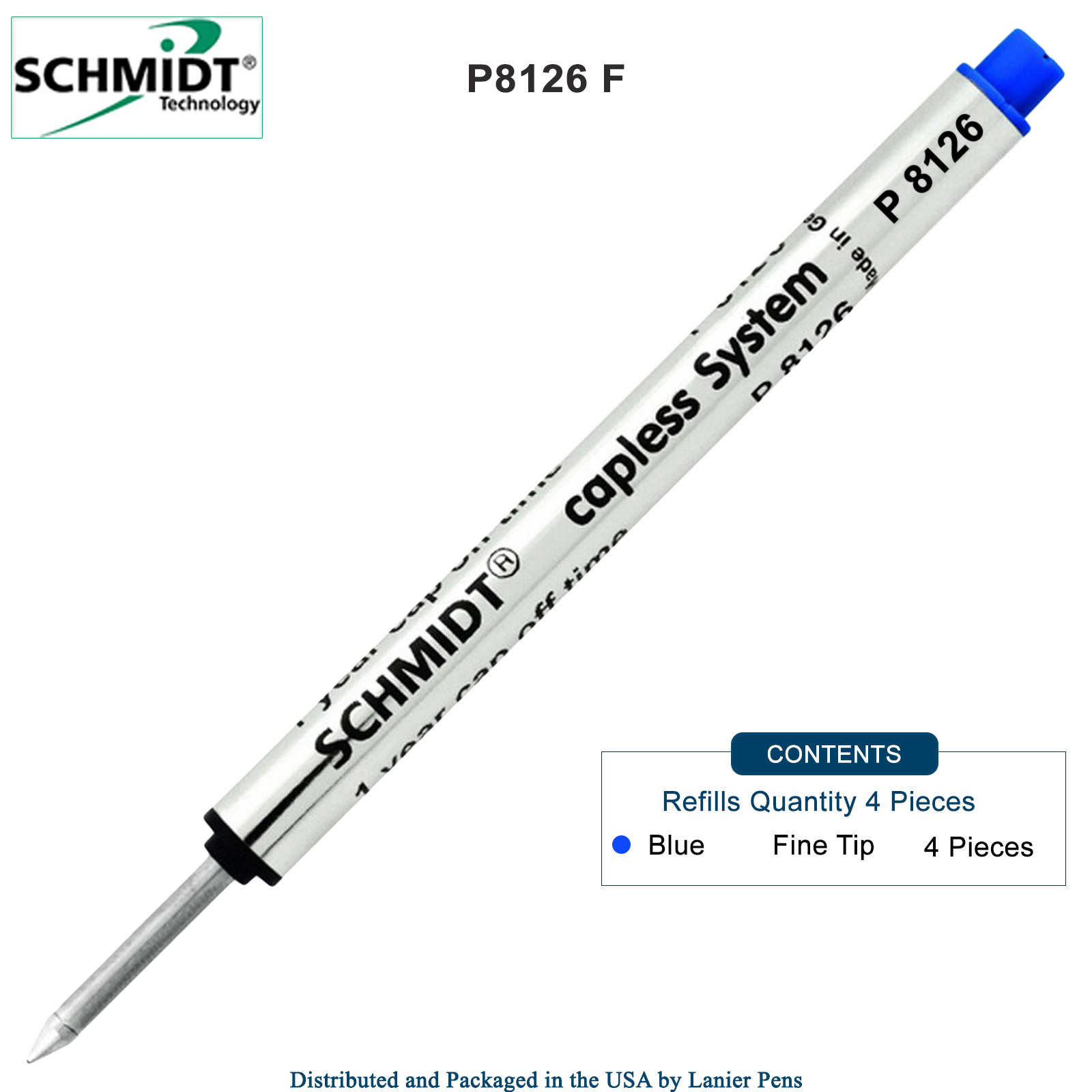 Schmidt P8126 Short Capless Rollerball Refill fits Retro 1951 Tornado (REF57P-B) - Blue, Fine Point 0.6mm, 4 Pack (SC58120)