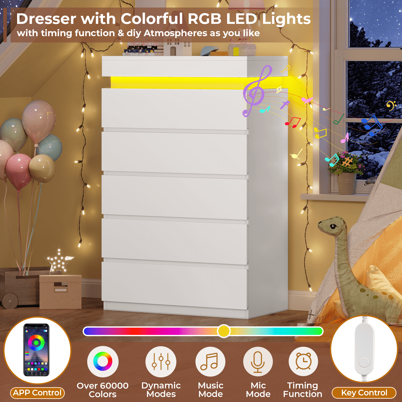 Modern 5 Drawer Dresser with LED Light, Chest of Drawers with LED Lights, Large Storage Tower Clothes Organizer, White Dresser for Bedroom, Living Room, Entryway, Hallway