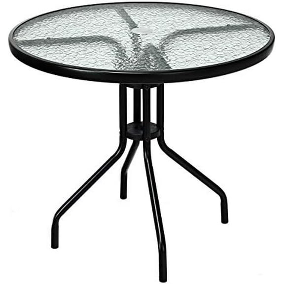 32'' Round Patio Table, Outdoor Bistro Table w/Umbrella Hole, Outdoor Coffee Table Dining Table w/Tempered Glass Top & Metal Frame for Backyard Lawn Balcony Pool$$Garden & Patio