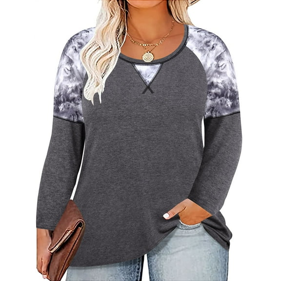 TIYOMI Women's Plus Size Shirts Tie Dye Long Sleeve 3X Tops Crewneck Raglan Dark Grey Pullover Blouses Loose Fit Autumn Winter Tunics 3XL 22W 24W