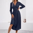 thumbnail image 6 of Guieoi Womens Dresses Long Sleeve Solid-Color High-Waisted Pleated V-Neck Dress Midi Dress Blue XXL, 6 of 8