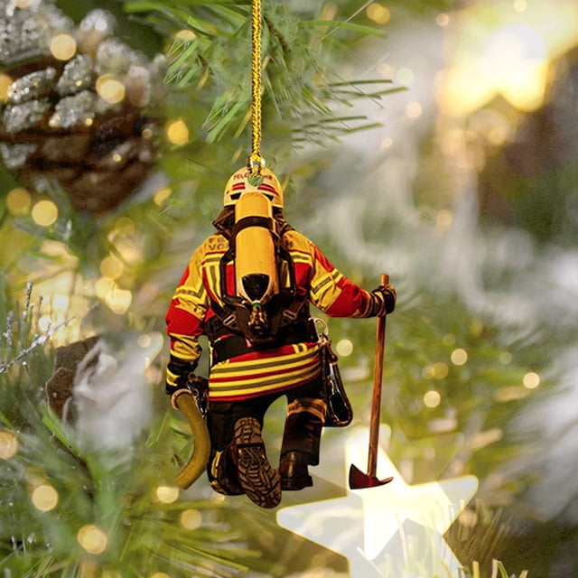 Fiudx Adorno Navideño de Bombero, Diseño Acrílico Personalizado, Papá Noel Bombero Pintado a Mano, Decoración Única para Árbol de Navidad, Colgante Navideño Versátil, Regalo para Fiestas, 1 Pieza