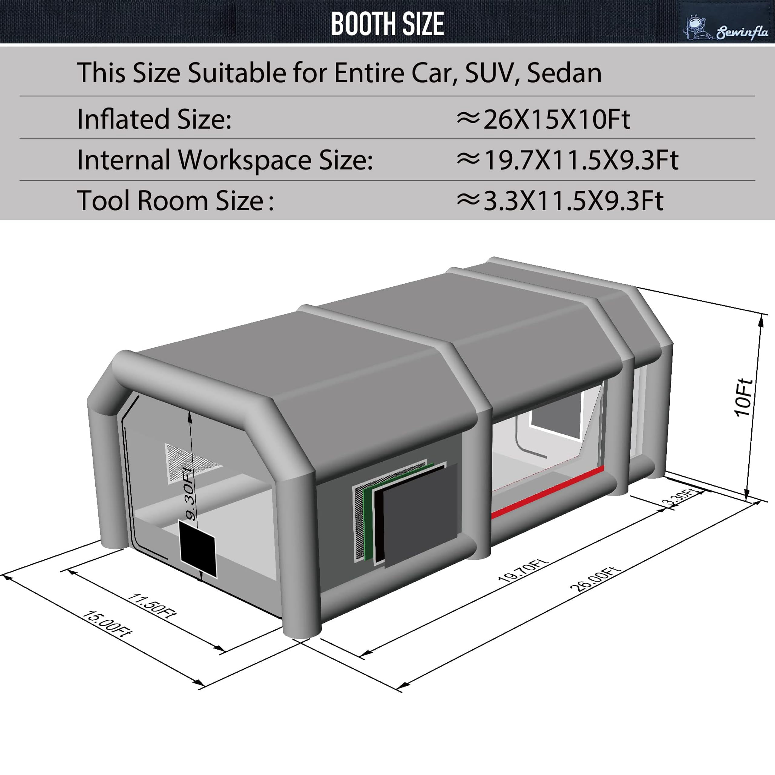 Sewinfla Professional Inflatable Paint Booth 26x15x10Ft with 2 Blowers (750W+950W) & Air Filter System Portable Paint Booth Tent Garage Inflatable Spray Booth Painting for Cars