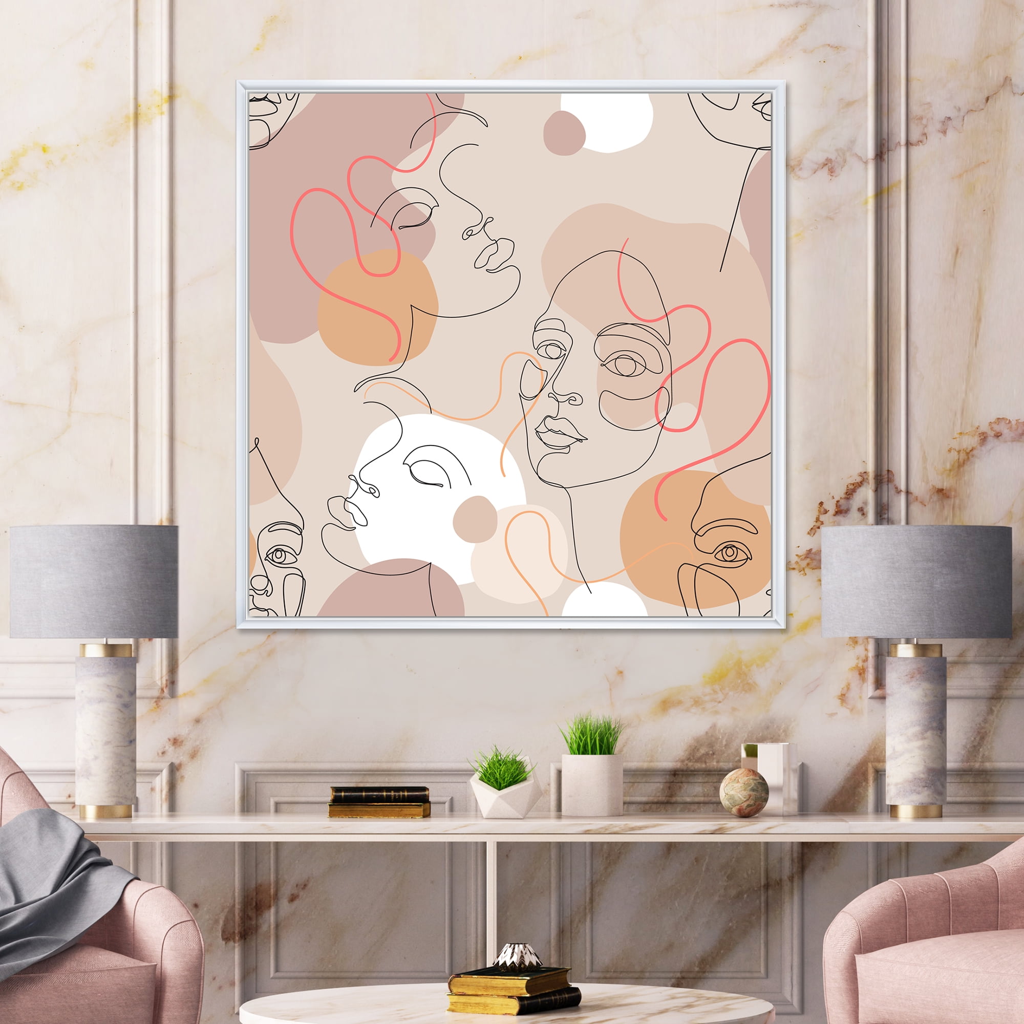 Designart 'Abstract Woman Portraits With One Line ' Modern Framed Canvas Wall Art Print
