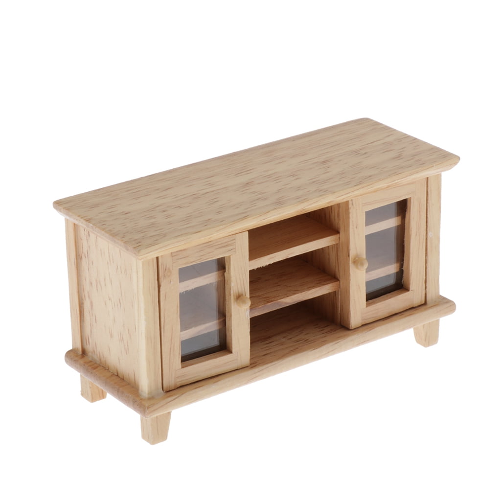 White Mini Wood TV Cabinet Stand for 1:12 Dolls House Living Room Furniture 