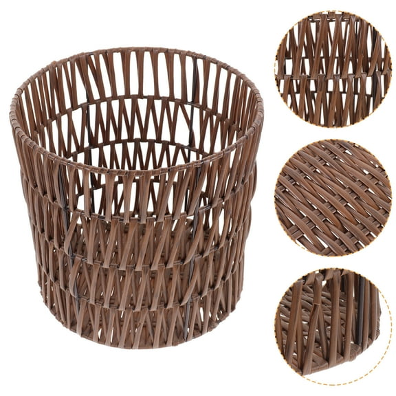 OUNONA Brown Round Wicker Trash Can Waste Paper Bin for Home, Bedroom, Bathroom, Office - 7.87'' x 7.87''