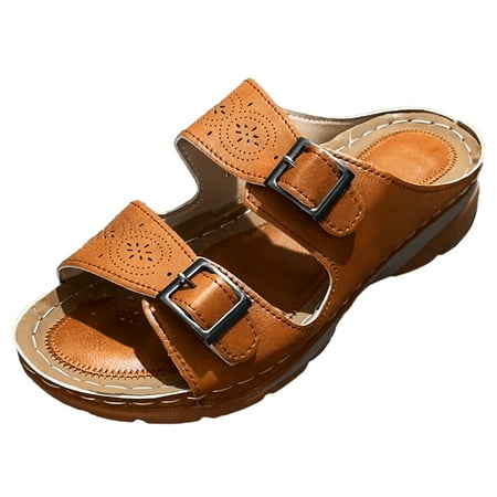 Slope heel Slippers for Women Summer Solid color Buckle Strap Casual Open Toe Wedges Soft Bottom Breathable Slippers Shoes Sandals Khaki