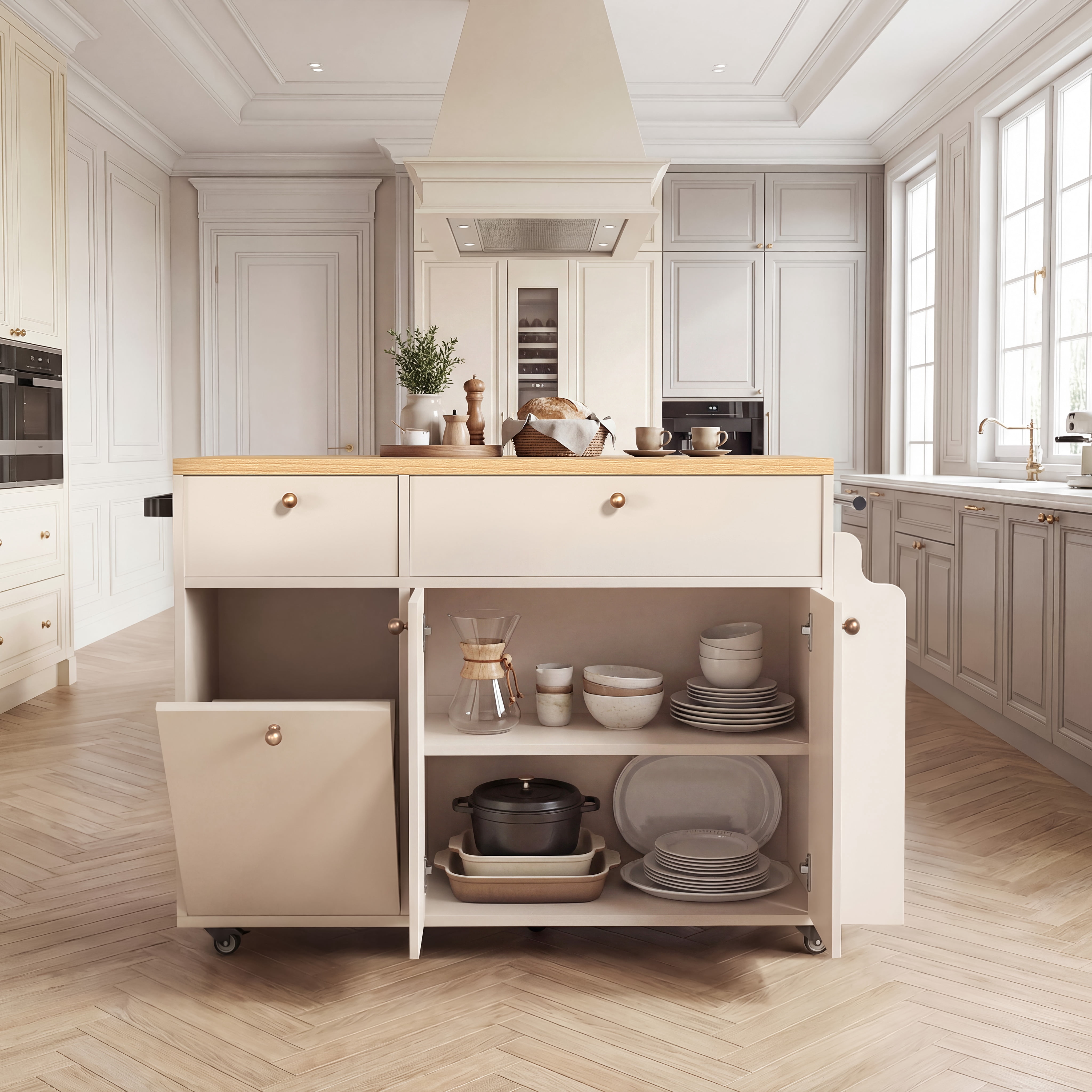 Mintazer Kitchen Island with Storage Rolling Kitchen Island Cart with Drop Leaf Extension, Drawers, Spice Rack, Towel Bar, Mobile Kitchen Cart for Kitchen & Dining Room, White