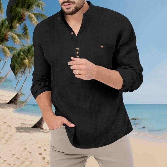 Long Sleeve Shirts for Men with Pocket Lightweight Button-Down Mock Neck Tshirts Shirt Mens Casual Solid Color Pullover Breathable Beach Tees Tops