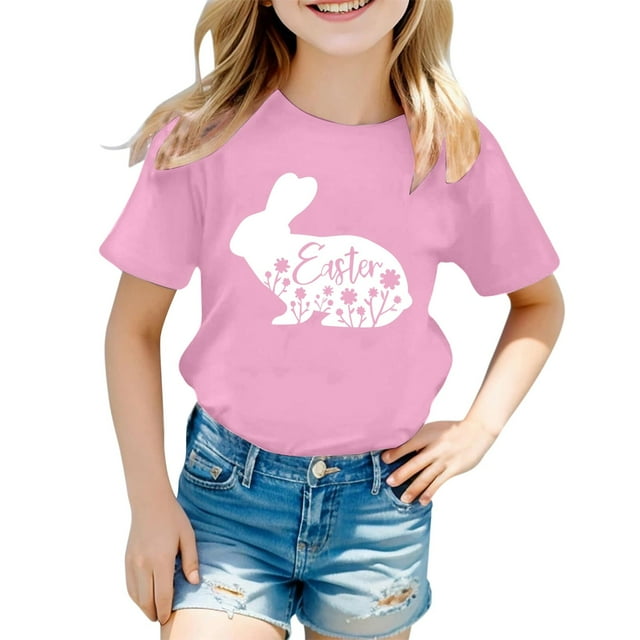 Chemises pour Tout-Petits Mode Décontractée Imprimé Col Rond Manches Courtes T-Shirt Filles Hauts Rose 8 Ans-9 Ans