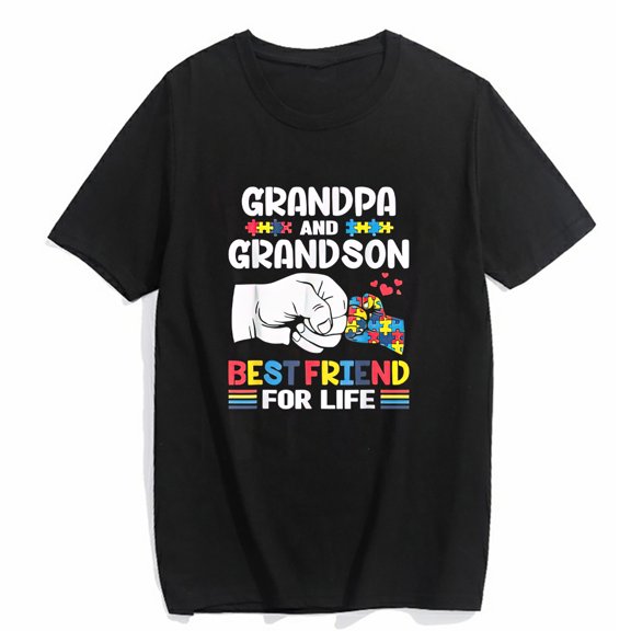 T-Shirt for Women Proud Support Autism Grandpa And Grandson Autism Awareness Casual Short Sleeve Tops Black 3X-Large
