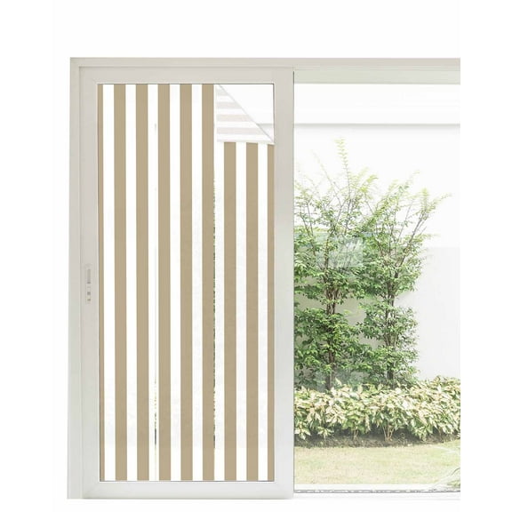 Window Privacy Film, Khaki Stripes UV Sun Blocking Window Tint Film Heat Control One Way Blackout Window Film, Farmhouse Brown Simple Vertical Striped Non Adhesive Static Cling Sticker 35.4x78.7 In