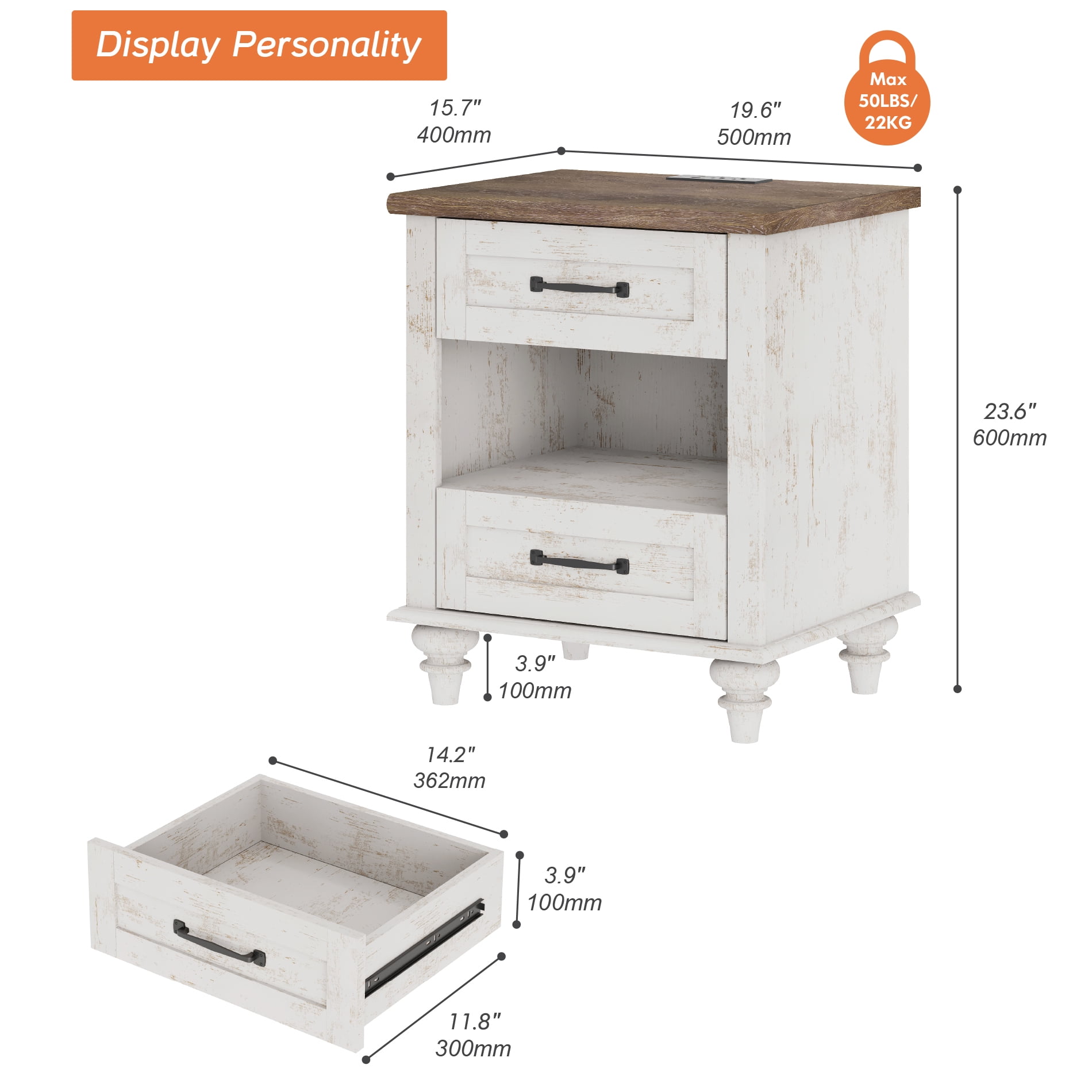 Side Table with 2 Drawers & Open Shelf, Farmhouse End Table with Charging Station, Wooden Nightstand for Bedroom & Living Room, Antique White
