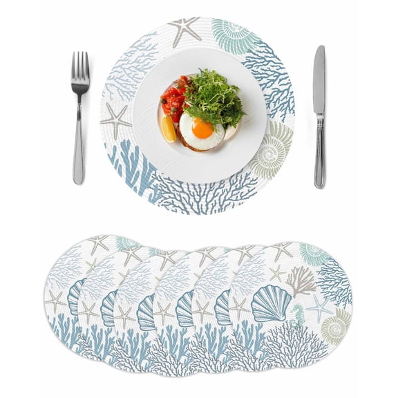 Light Blue Coastal Round 15 Inch Placemats Set of 6, Summer Beach Coral Shell Starfish HeatResistant Non Slip Place Mats for Dining Table, Wipeable Braided Kitchen Table Mats for Housewarming