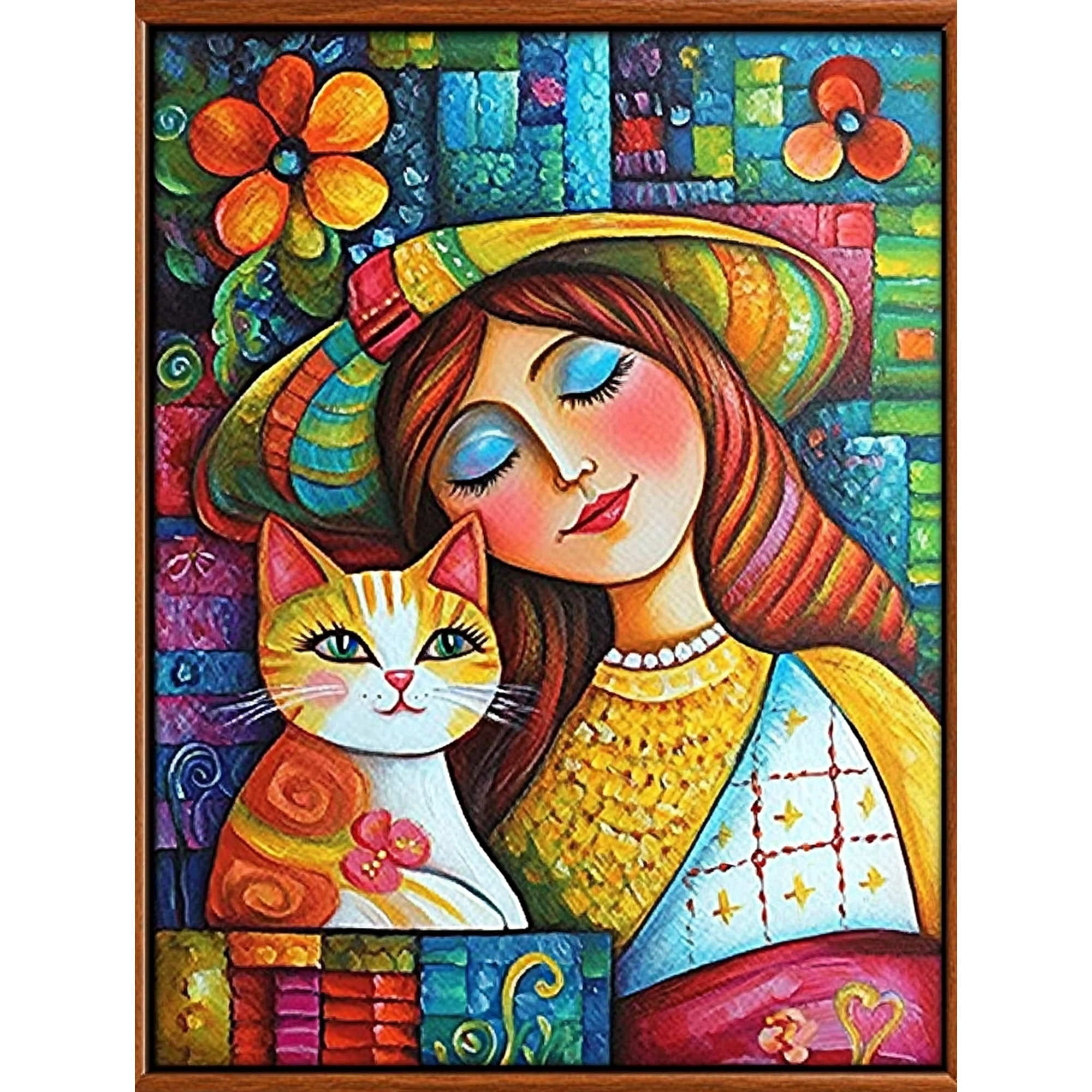 Colorful Girl and Cat Canvas Painting,Suitable for Living Room,Bedroom,Office,Bathroom,Kitchen Decoration