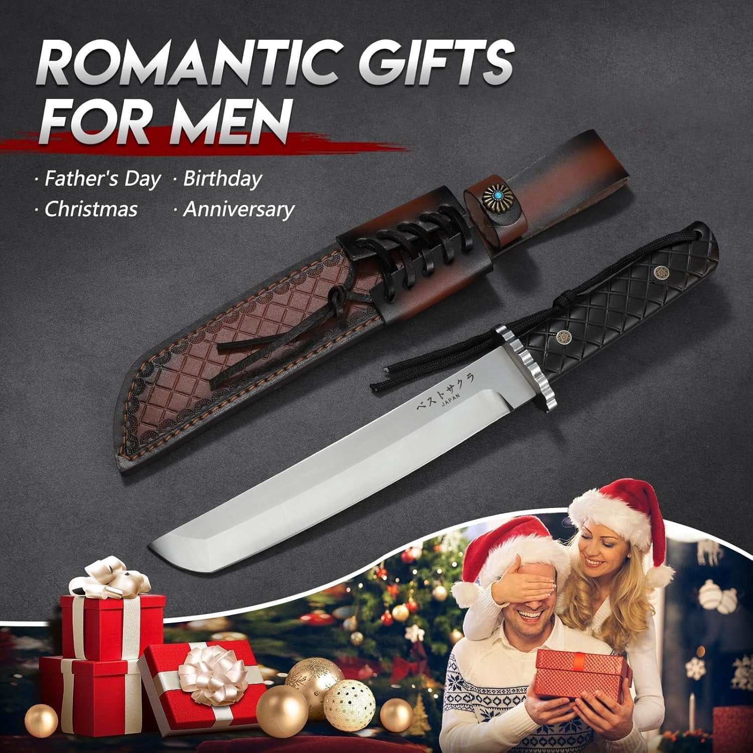 Huusk Fixed Blade Outdoor Knife with Sheath, Full Tang Tactical Knife with Wood Handle for Camping, Hiking, Fishing, BBQ and Outdoor Activities, Gift for Men