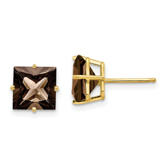 14K Yellow Gold Earring Stud Women'S Quartz (Smoky) Square Brown 9 mm