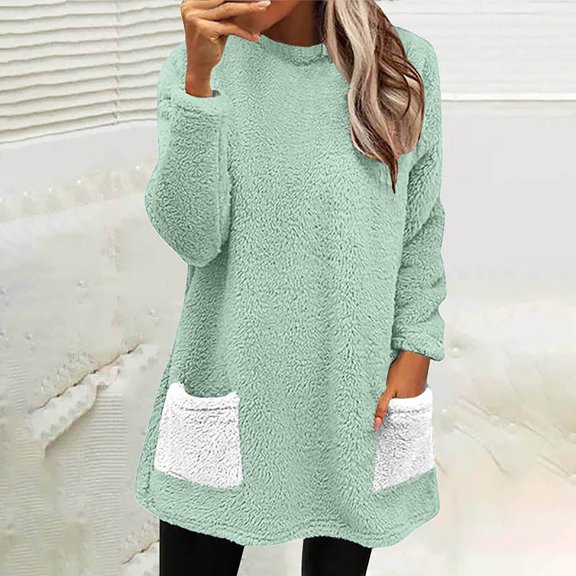 Wancir Women's Winter Warm Sherpa Lined Fleece Crewneck Sweatshirt Pullover Loungewear Tunic Tops With Pocket
