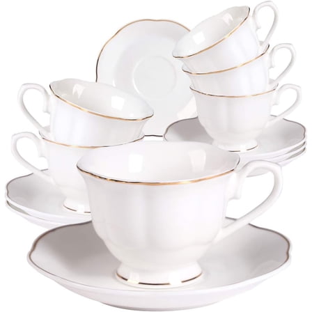 "Fine Porcelain 2.5oz Cups and Saucers set of6 for Turkish Coffee and Double Espresso, White Color with Gold Trim