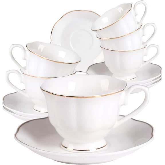 "Fine Porcelain 2.5oz Cups and Saucers set of6 for Turkish Coffee and Double Espresso, White Color with Gold Trim