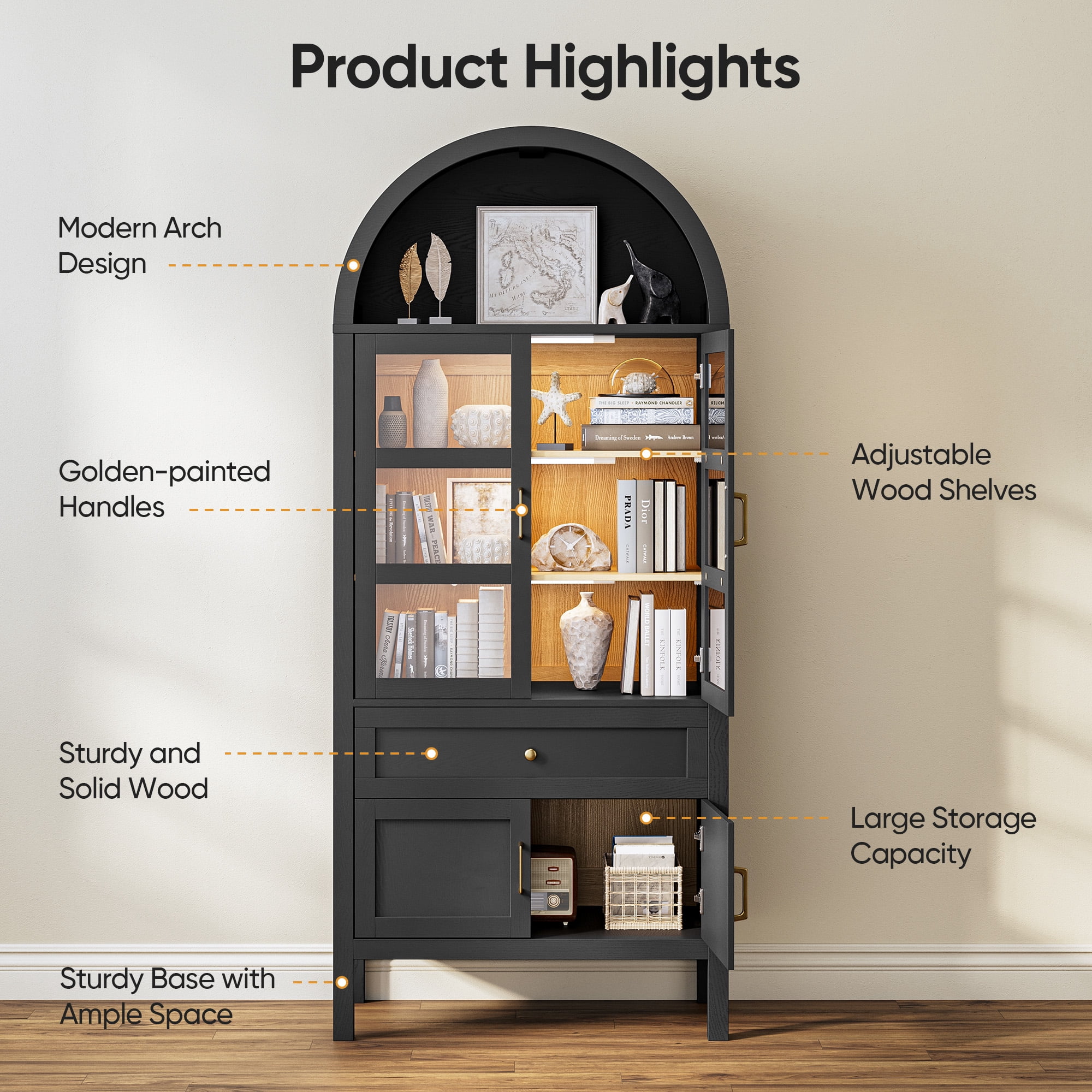 Raffle Pinker 71" Arched Kitchen Pantry Cabinet Display Storage Cabinet with Glass Doors, Black