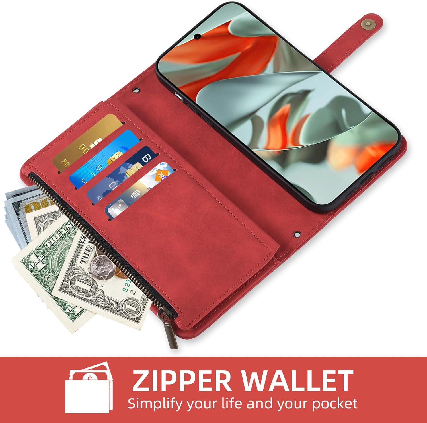 Asuwish Phone Case for Google Pixel 9 Pro XL Wallet Cover With Tempered Glass Screen Protector Crossbody Wrist Strap Flip Pattern Zipper Credit Card Holder Cell Pixel9 9Pro 9ProXL Nine Women Men Red