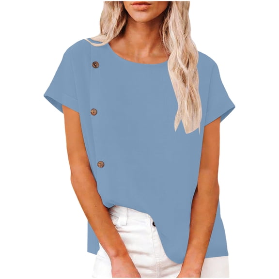 Womens Cotton Linen Summer Tops, Short Sleeve Shirts for Women Casual Lightweight Loose Fit Crewneck T-Shirts with Buttons