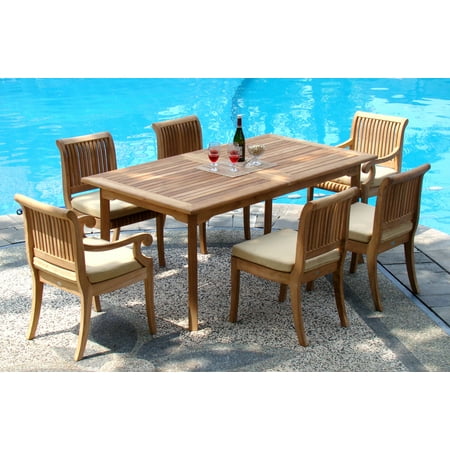 Teak Dining Set:6 Seater 7 Pc - 94" Double Extension Rectangle Table & 6 Giva Chairs (4 Armless & 2 Arm / Captain) Outdoor Patio Grade-A Teak Wood WholesaleTeak #WMDSGVc