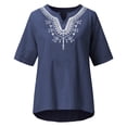 thumbnail image 3 of Jewelreauty Casual Embroidery Shirts for Women Cotton Linen V Neck Mexican T-Shirts Summer Loose Tunic Tops (2XL, Navy), 3 of 5
