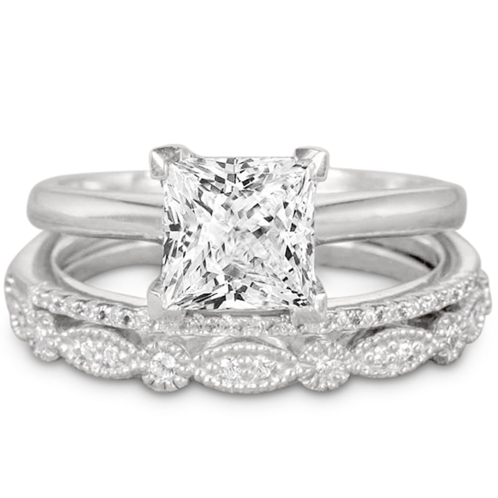 JeenMata Artdeco 1.75 Carat Princess cut Moissanite Trio Wedding Bridal Ring Set in 18k White Gold Over Silver