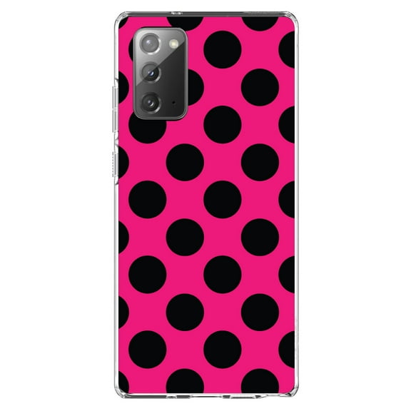 DistinctInk Clear Shockproof Hybrid Case for Galaxy Note 20 ULTRA (6.9" Screen) - TPU Bumper, Acrylic Back, Tempered Glass Screen Protector - Black & Hot Pink Polka Dots