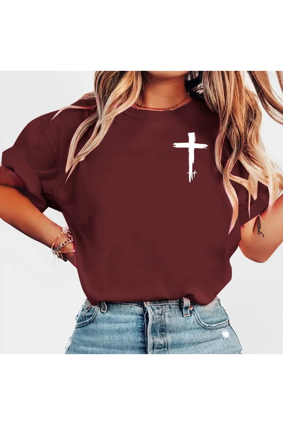Womens Christian T-Shirt - Burgundy Cross Graphic Tee, Short Sleeve Cropped Casual Top, Relaxed Fit Faith Shirt for Women, Soft Blend,Size M