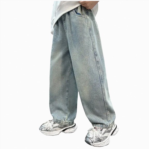 TTUHYWXI Baggy Jeans Boys Y2K Straight Wide Leg Denim Pants Kids Casual Elastic Waist Loose Trousers Pockets Streetwear 4-14T (Blue,9-10 Years)