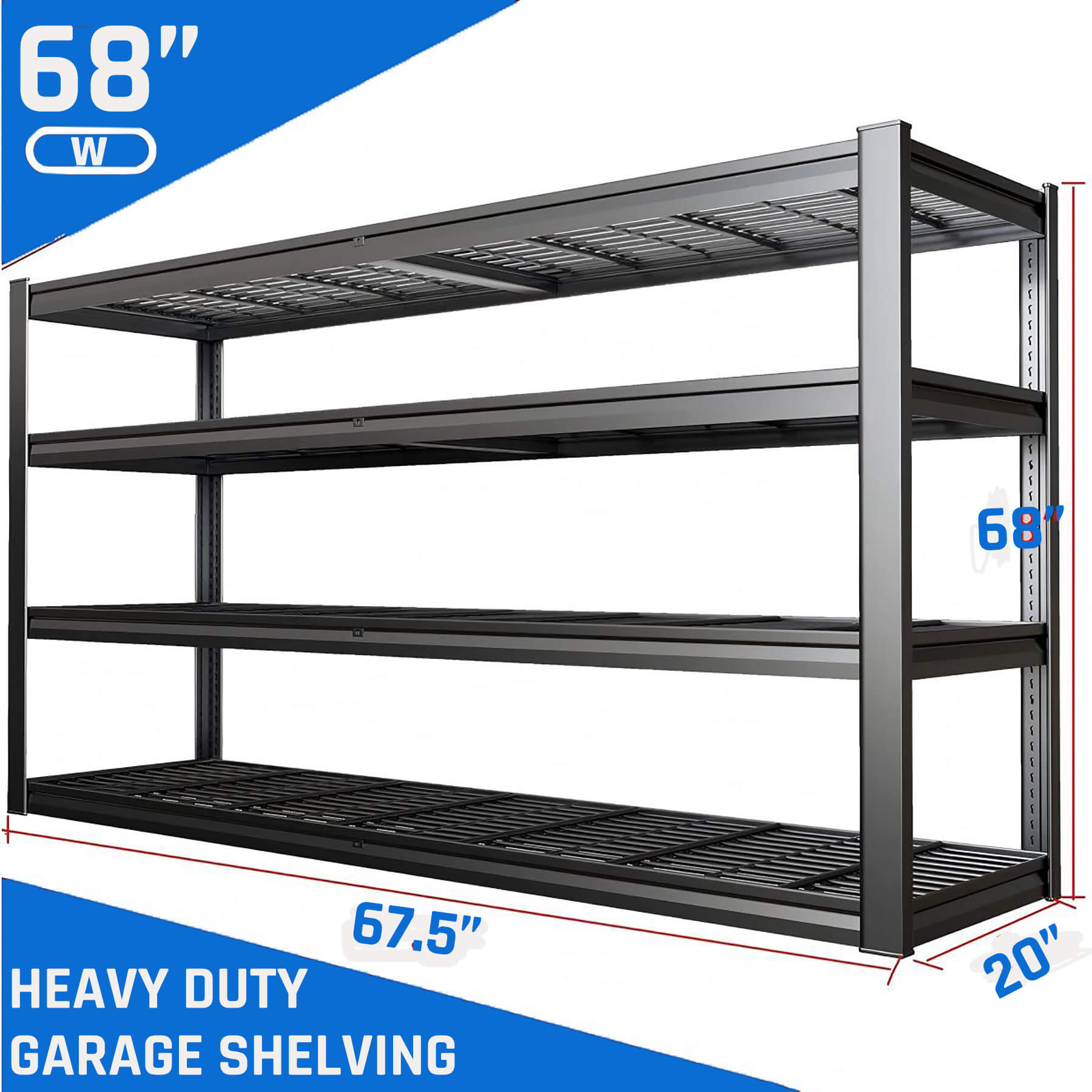 PMKES 67" Wide Garage Shelving Unit, 67" W x 20" D x 68" H, Heavy Duty Garage Storage Shelves,3000 LBS Capacity, Industrial Adjustable Shelves for Basement Warehouse