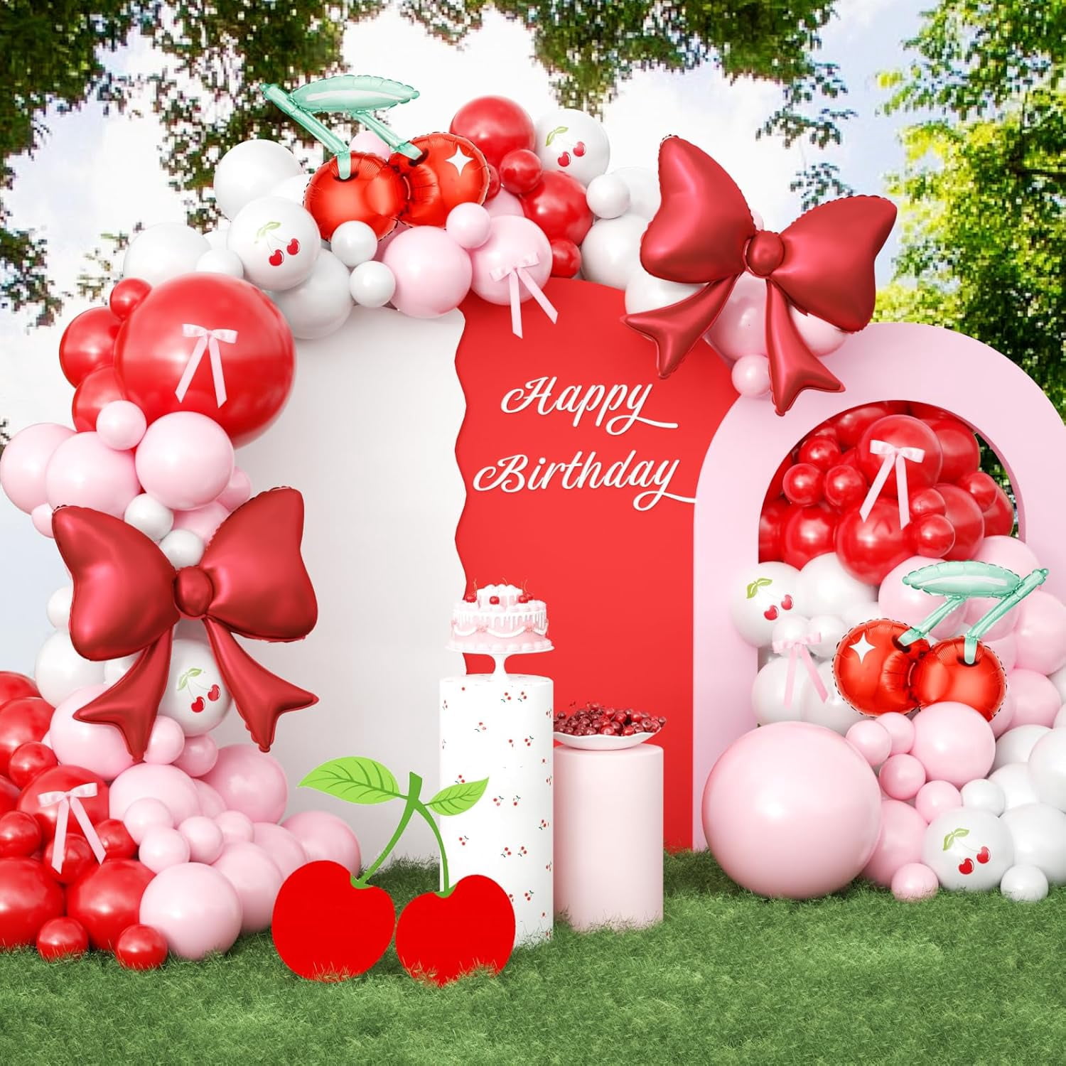 Cherry Balloon Arch Garland Kit with Ribbon Cherry Bow Foil Balloons for Party Decorations