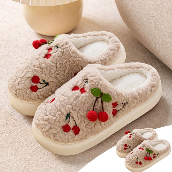 Weloille Cotton Slippers For Women In Winter Cute Cherries Internet ity Home Shoes Indoor Home Warm Thick-Soled Avoid Slipping Slippers
