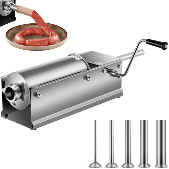 KFFKFF Remplisseur de Saucisses à Main, Injecteur de Viande Horizontal 5 L / 11 Lb, Robot Culinaire à Deux Vitesses, Fabriqué avec de l'Acier Inoxydable 304 Comestible, Livré avec 5 Embouts de Remplissage