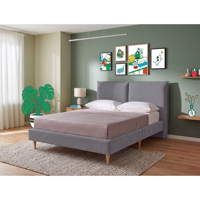 Cama Matrimonial Makora Zenvia Gris Claro Tapizada en Tela Tipo Velvet (No Incluye Colchón)