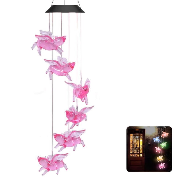 Color Changing Solar Flying Pig Wind Chime Lamp Intelligent Lights Romantic Waterproof Decorative Automatic Light Control Decor for Home Garden